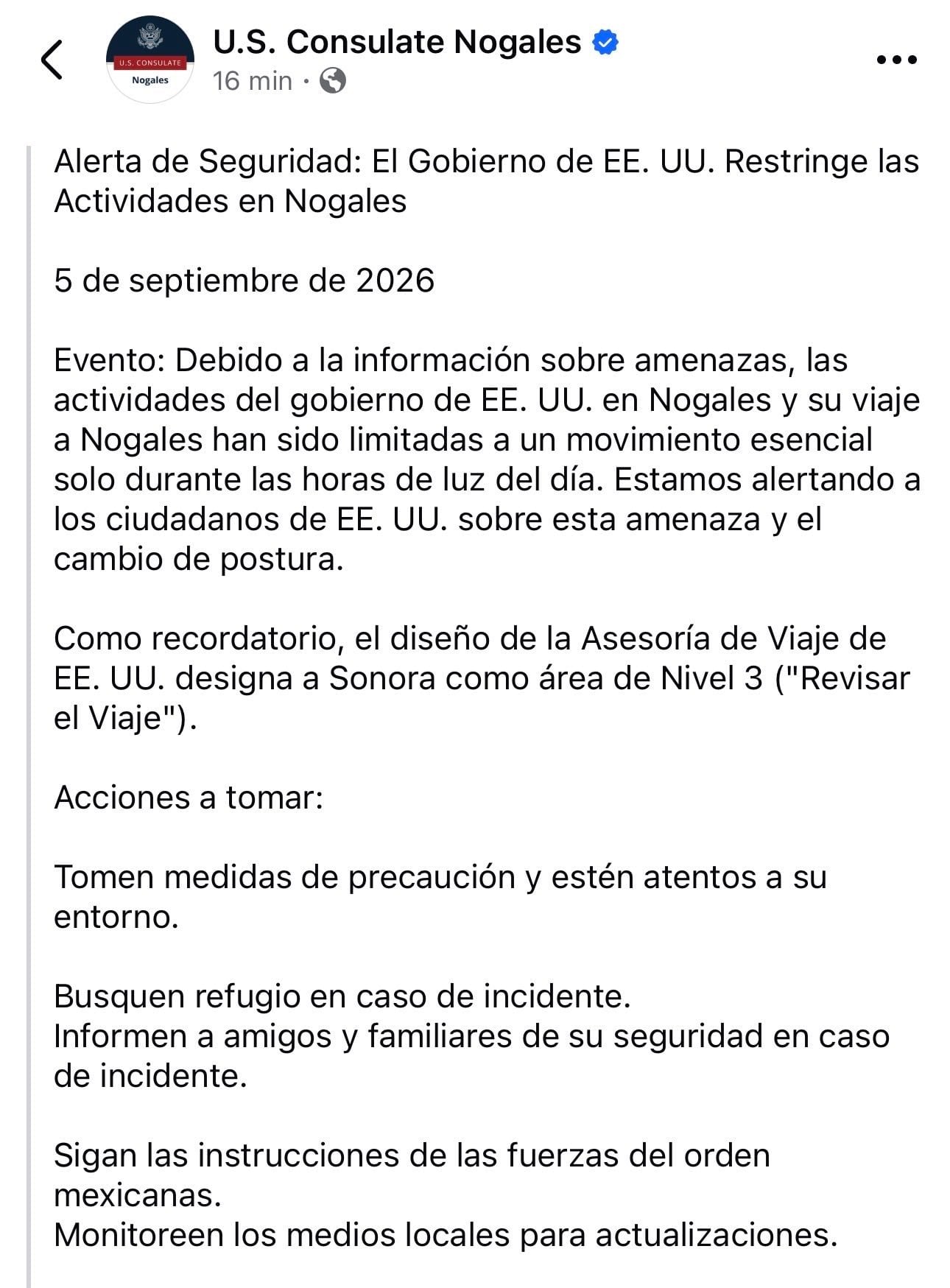 Consulado de Nogales emite alerta