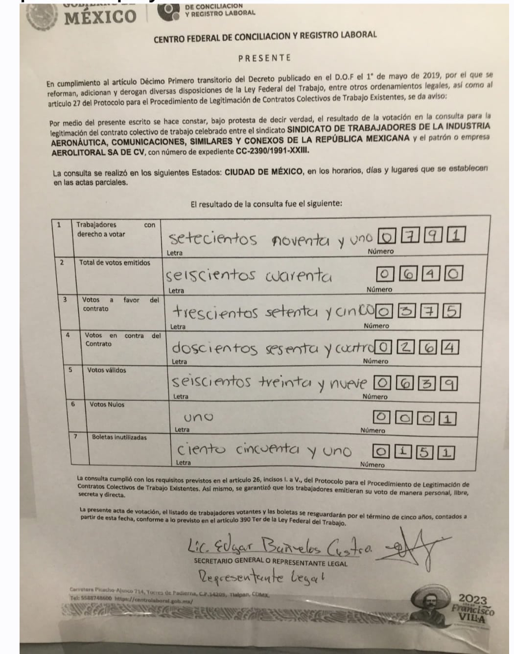 Legitimación de contrato colectivo de trabajo en Aerolitoral