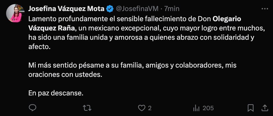 Lamentan muerte de Olegario Vázquez Raña