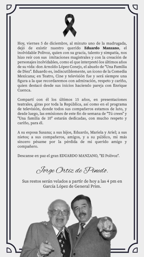 Comunicado de Jorge Ortiz de Pinedo a la muerte de Eduardo Manzano.