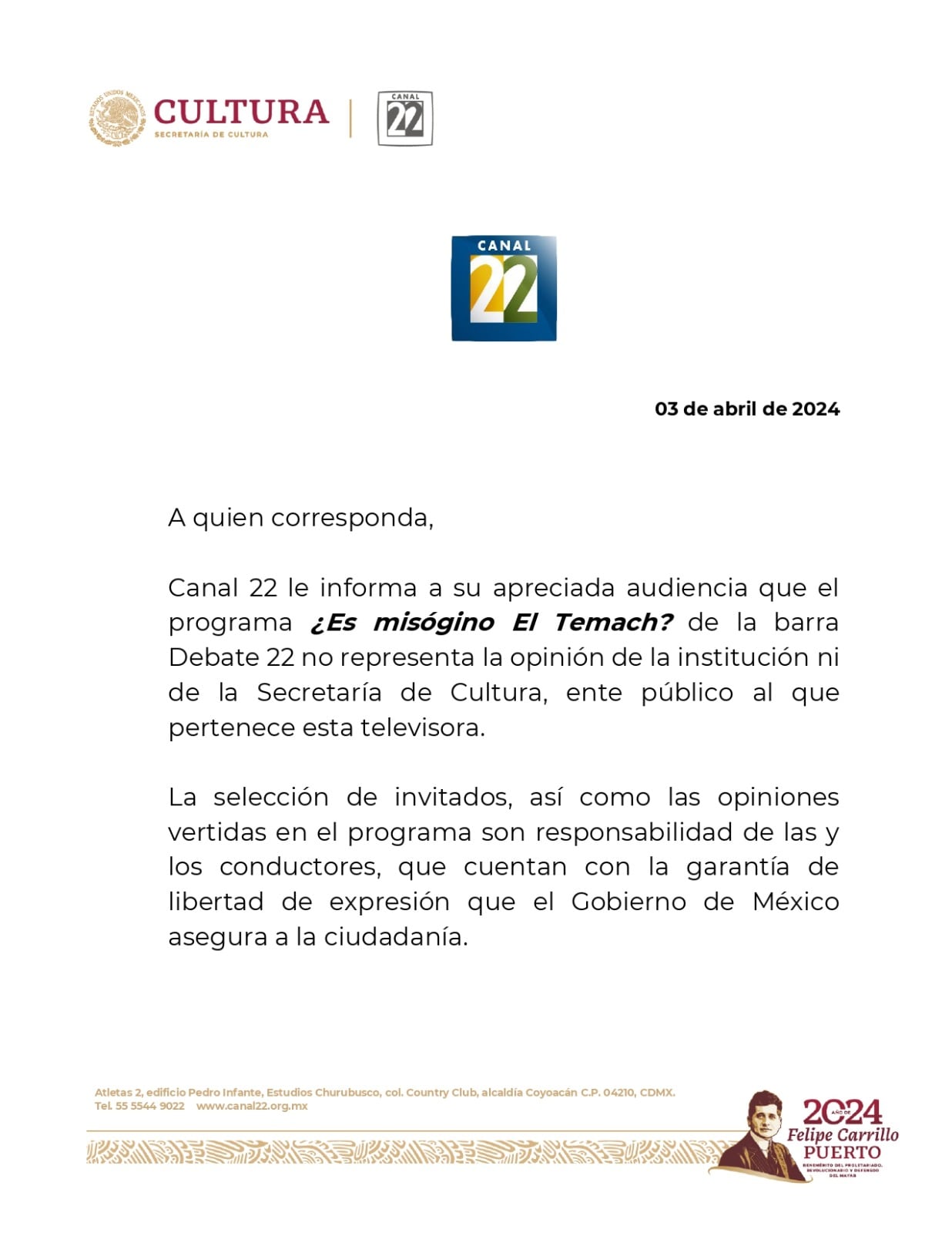 Primer comunicado Canal 22