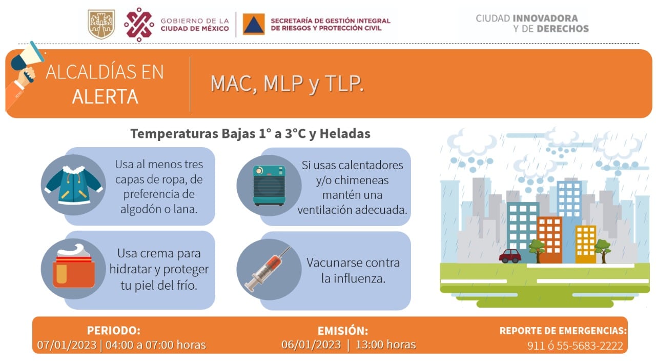 Activan alerta naranja por temperaturas de 1 a 3 grados este sábado 7 de enero