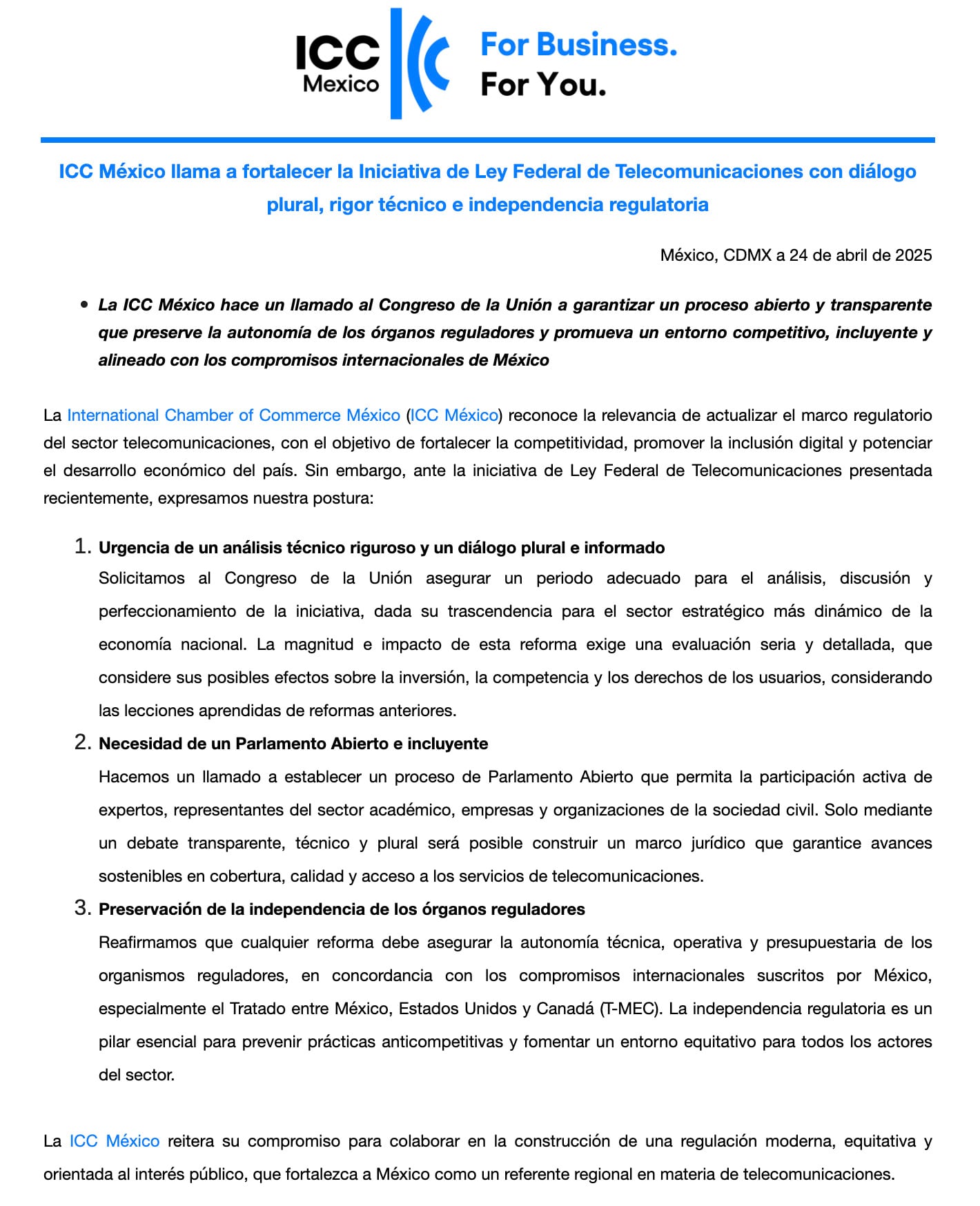 ICC México sobre la Ley de Telecomunicaciones y radiodifusión.