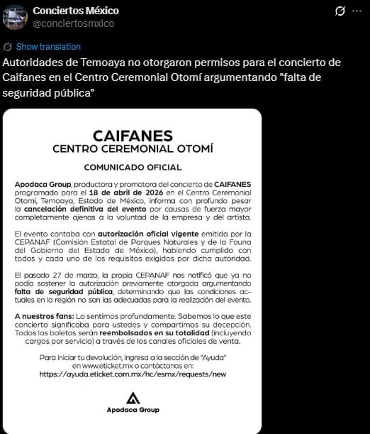 Cancelan a Caifanes en el Centro Ceremonial Otomí por falta de seguridad