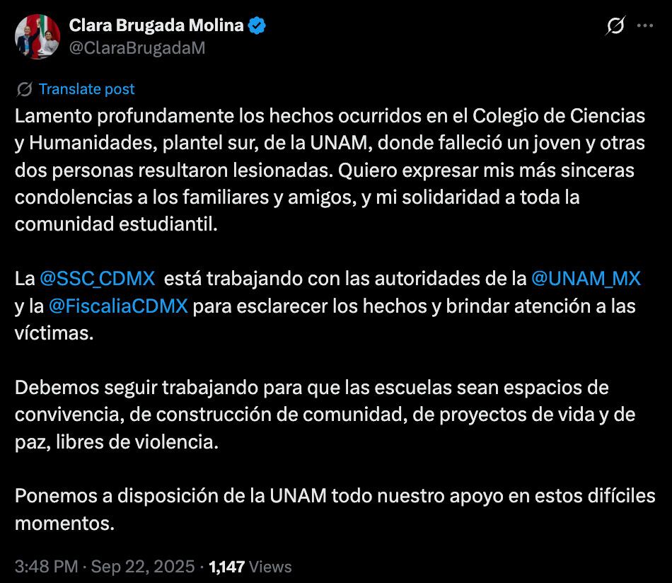 Clara Brugada sobre ataque en CCH Sur, UNAM