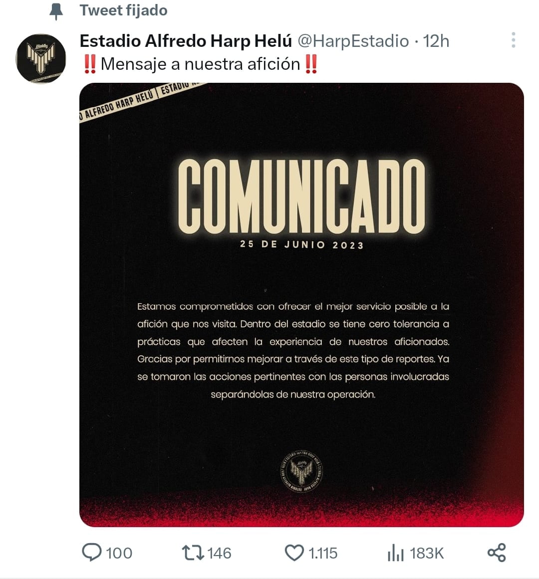 Comunicado estadio Alfredo Harp Helú