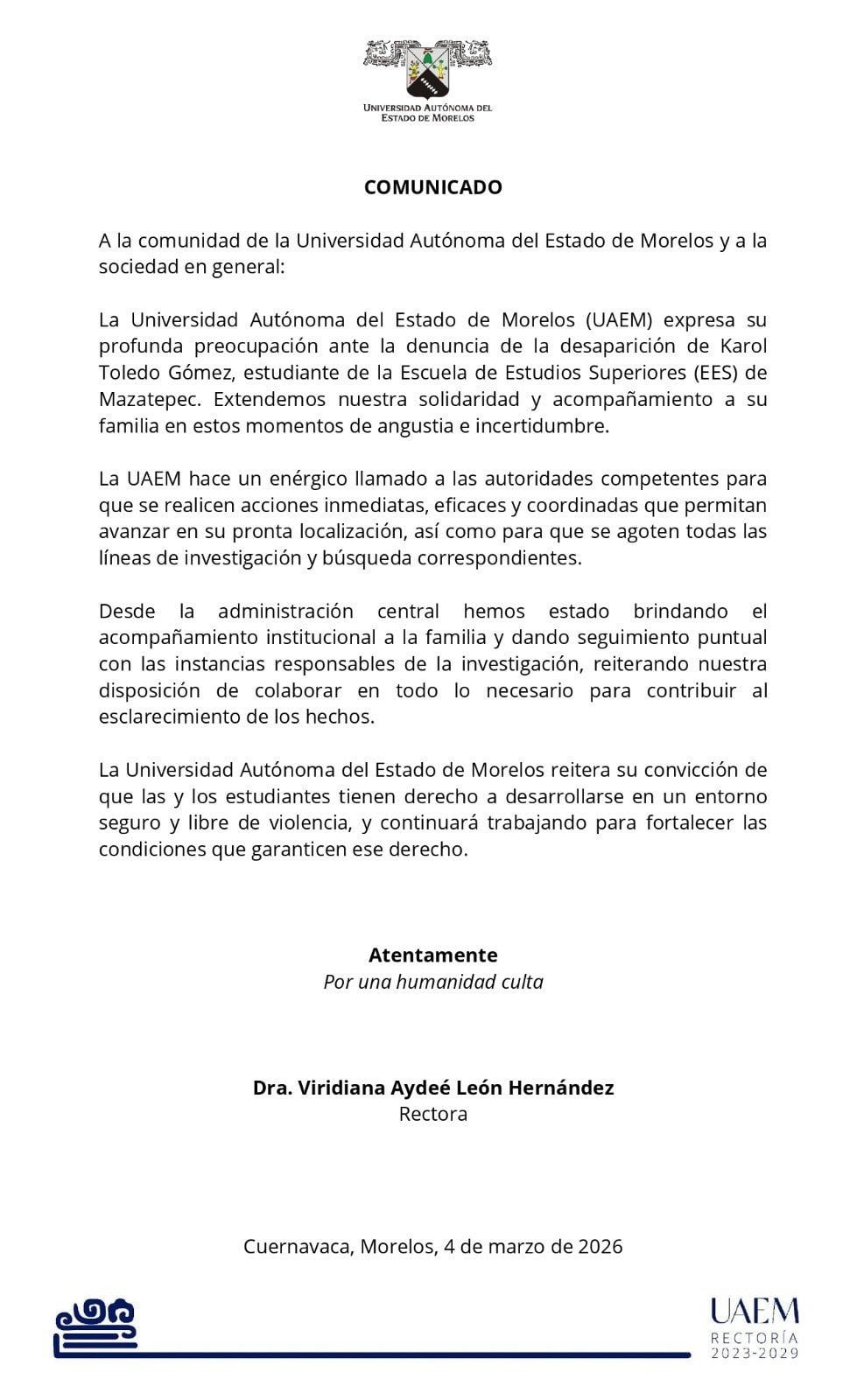 UAEM confirma desaparición de Karol Toledo, estudiante en Mazatepec