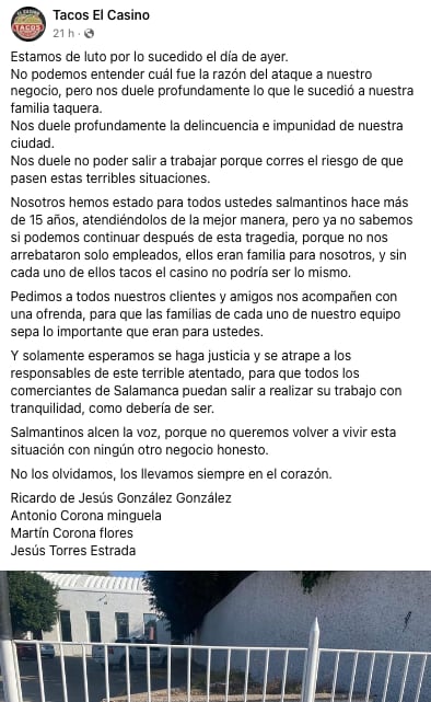 Tacos El Casino exige justicia por ataque en Salamanca