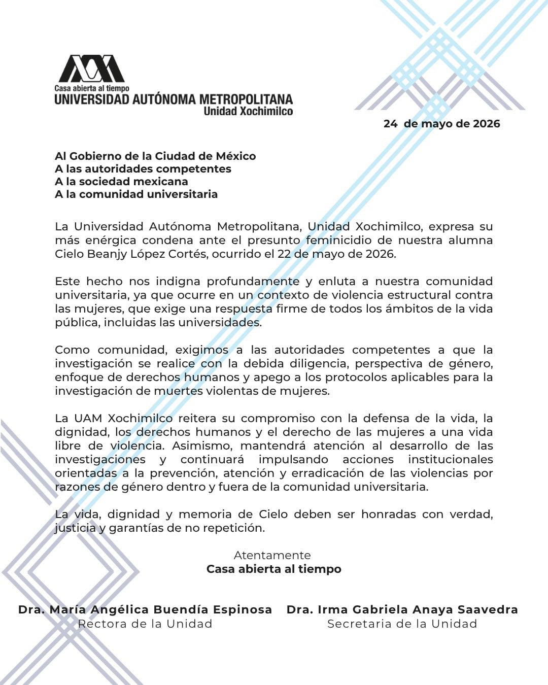 UAM exige justicia por feminicidio de Cielo Beanjy López Cortés