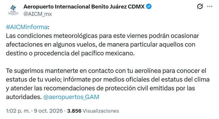 ¿Viajas al Pacífico? AICM advierte posibles afectaciones por el huracán Simón