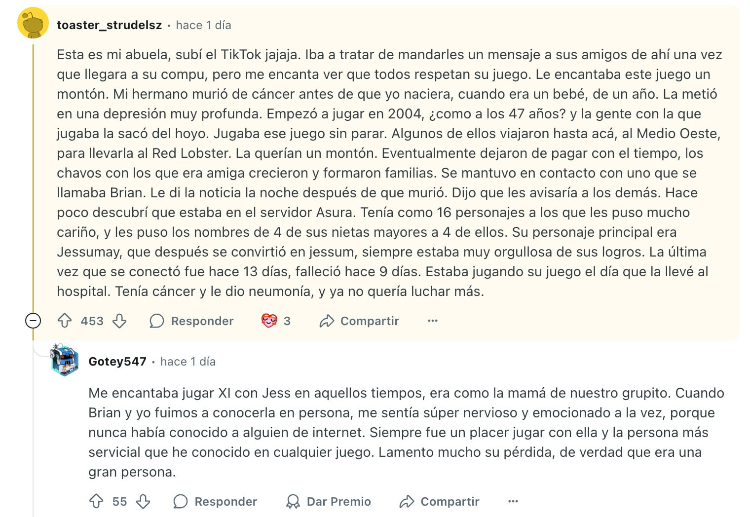 La usuaria relata la historia de su abuela quien jugaba Final Fantasy XI
