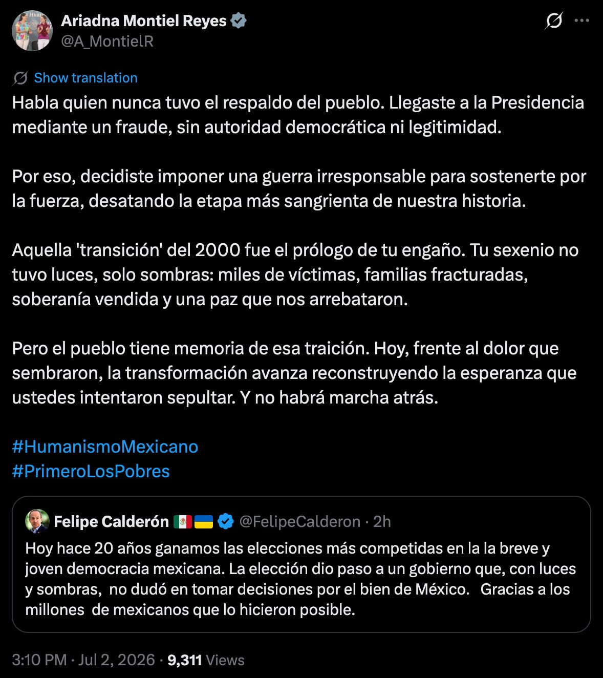 Ariadna Montiel acusa que Felipe Calderón llegó a la presidencia mediante un fraude