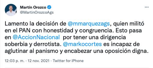 tuit de confrontación entre Martín Orozco y Marko Cortés/captura de pantalla de Twitter
