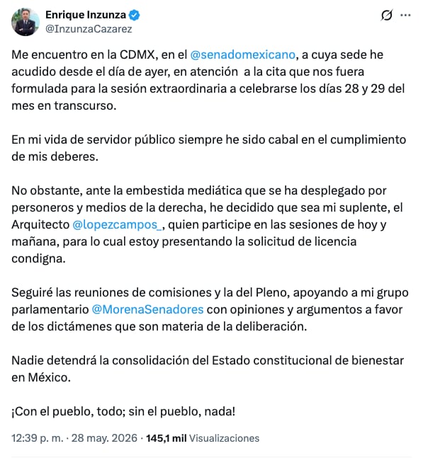 Enrique Inzunza pidió licencia temporal como senador