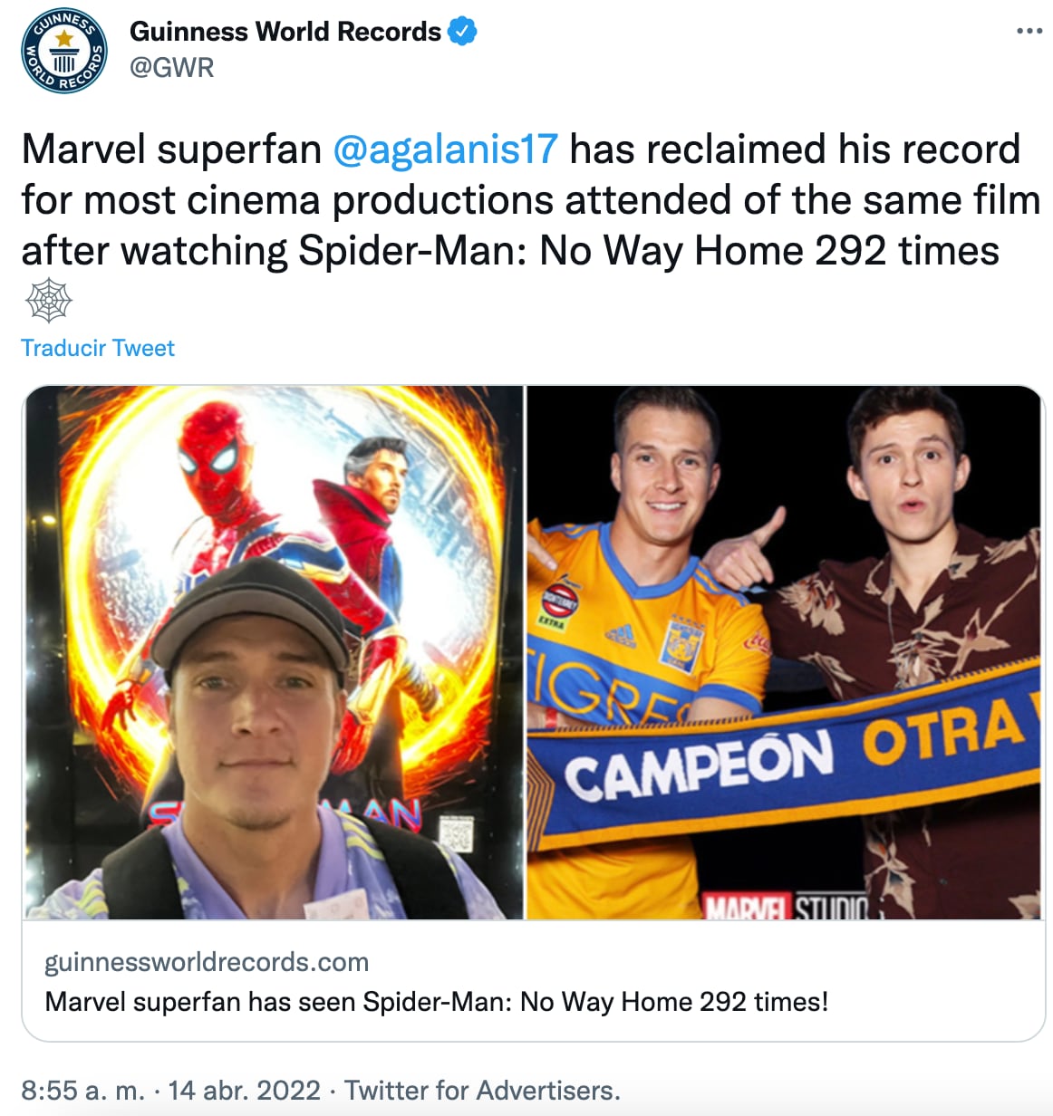 Gana Récord Guinness por ver 'Spider-Man: No Way Home' 292 veces
