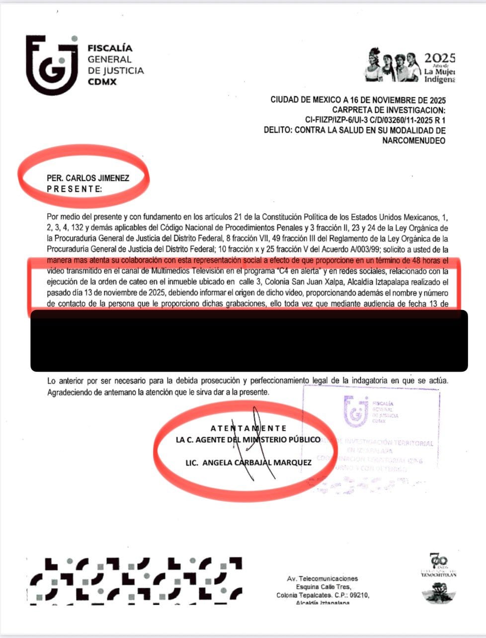 Solicitud de la Fiscalía CDMX a Carlos Jiménez