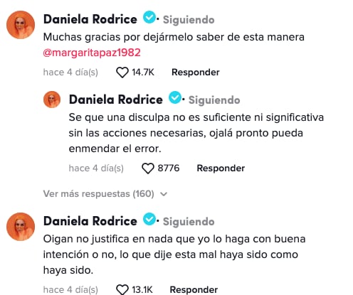 Comentario de Daniela Rodrice reconociendo su error hacia las personas con discapacidad auditiva.