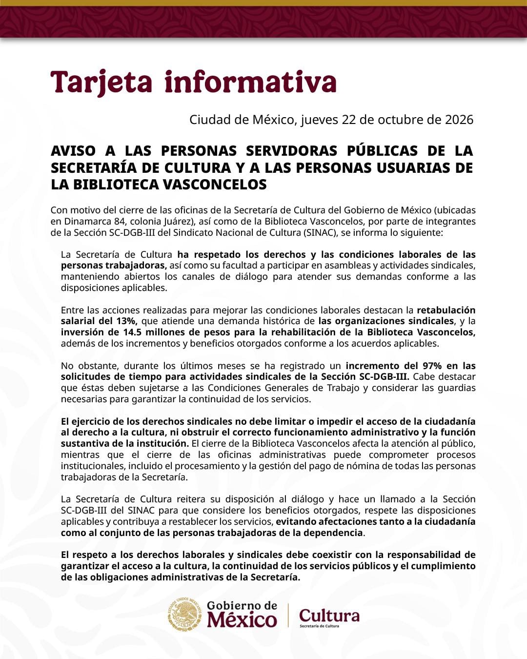 Biblioteca Vasconcelos cierra sus puertas por reclamos laborales de trabajadores