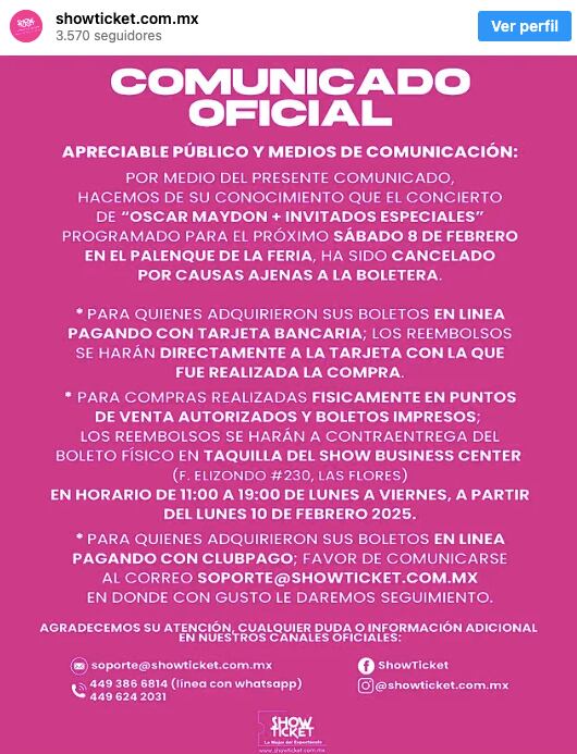 Óscar Maydon cancela su concierto en Aguascalientes