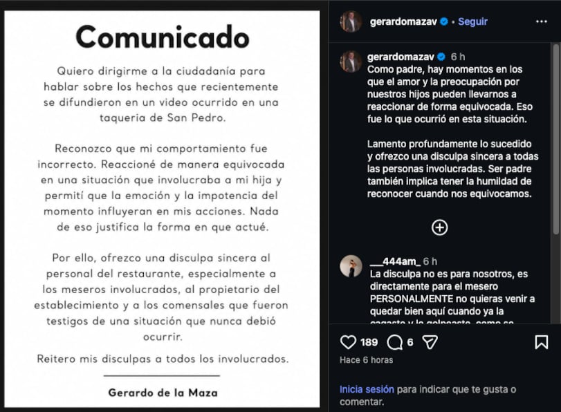 Gerardo de la Maza se disculpa por agredir a mesero