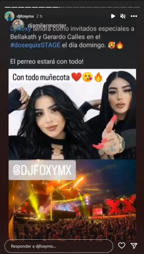 Instagram storie de DJ Foxy confirmando asistencia de Bellakath al EDC México 2023
