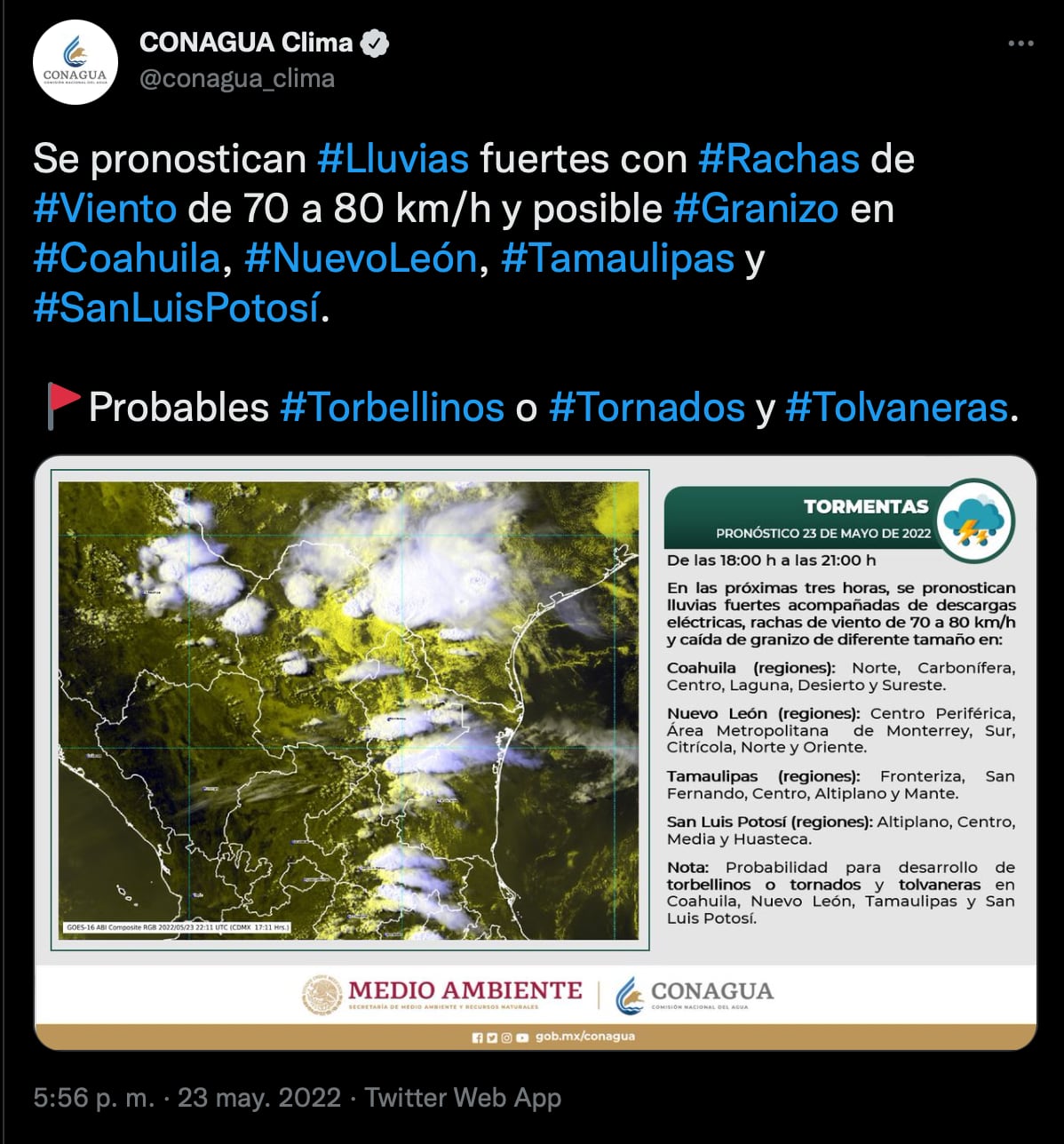 Conagua pronostica granizo y tornados en Coahuila, Nuevo León, Tamaulipas y San Luis Potosí