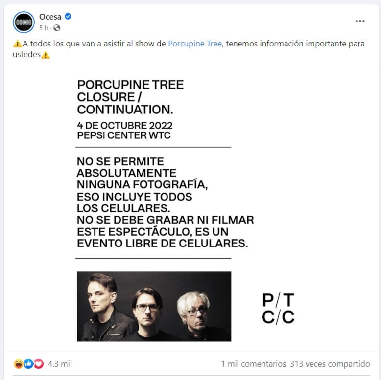 Comunicado sobre concierto de Porcupine Tree