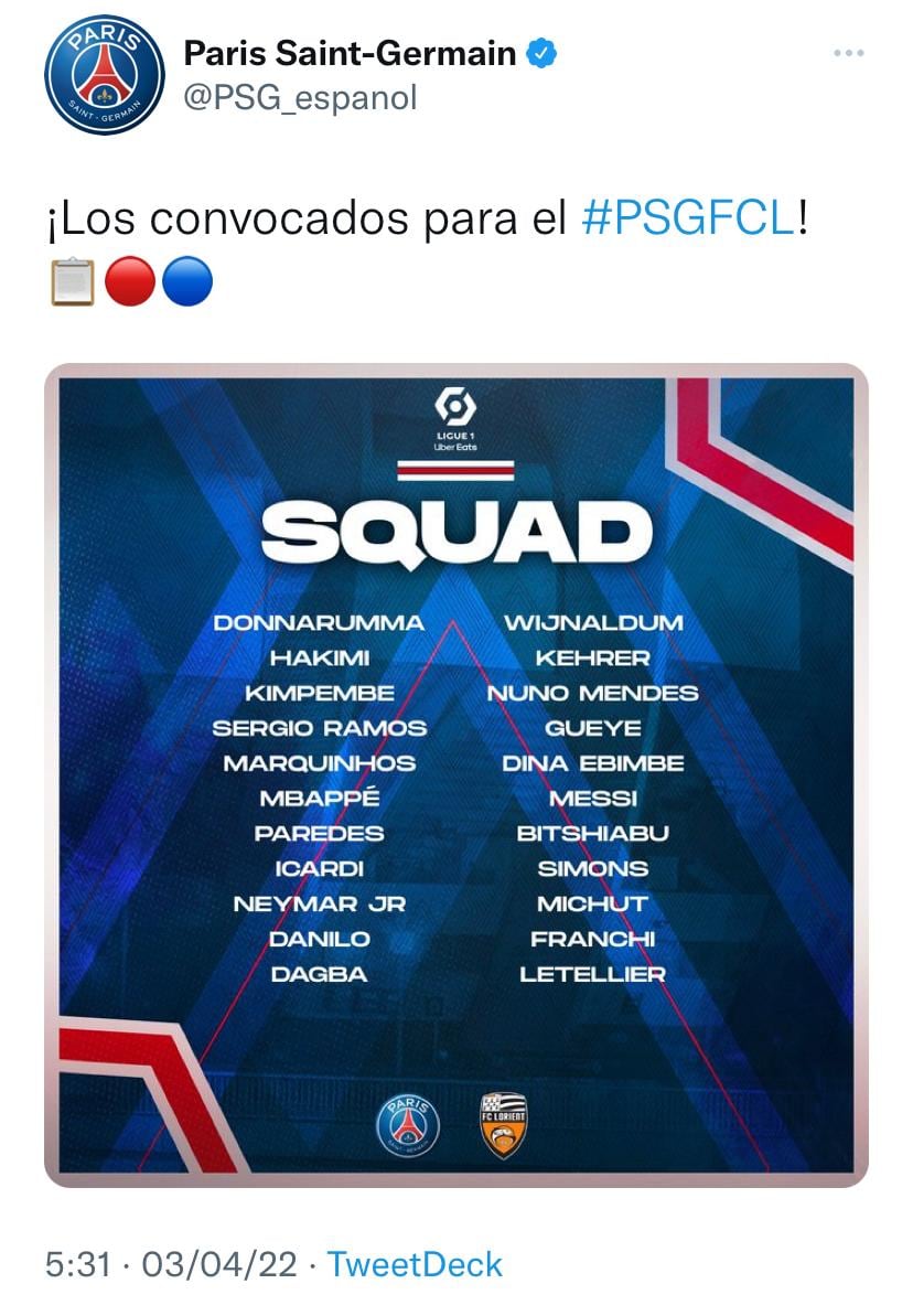 Sergio Ramos volvió a la convocatoria del PSG luego de su ausencia desde el 23 de enero del 2022.