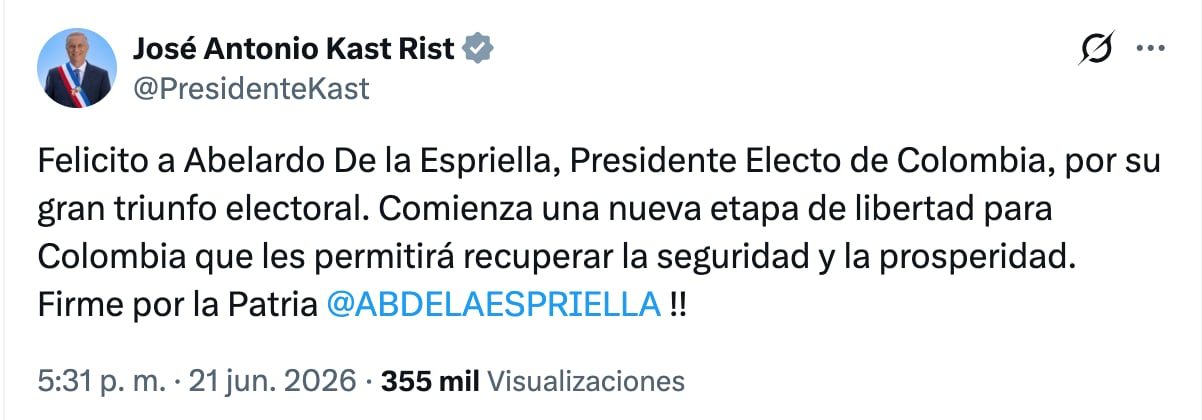 Líderes mundiales felicitan a Abelardo de la Espirella, presidente electo de Colombia