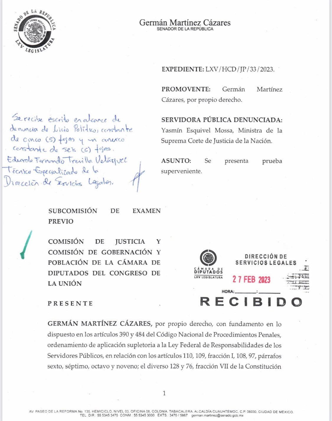 Presentan solicitud de juicio político en la Cámara de Diputados en contra de la ministra Yasmín Esquivel Mossa