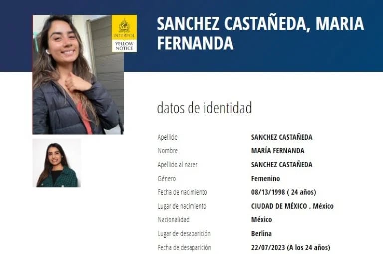 Ficha amarilla de búsqueda de María Fernanda Sánchez