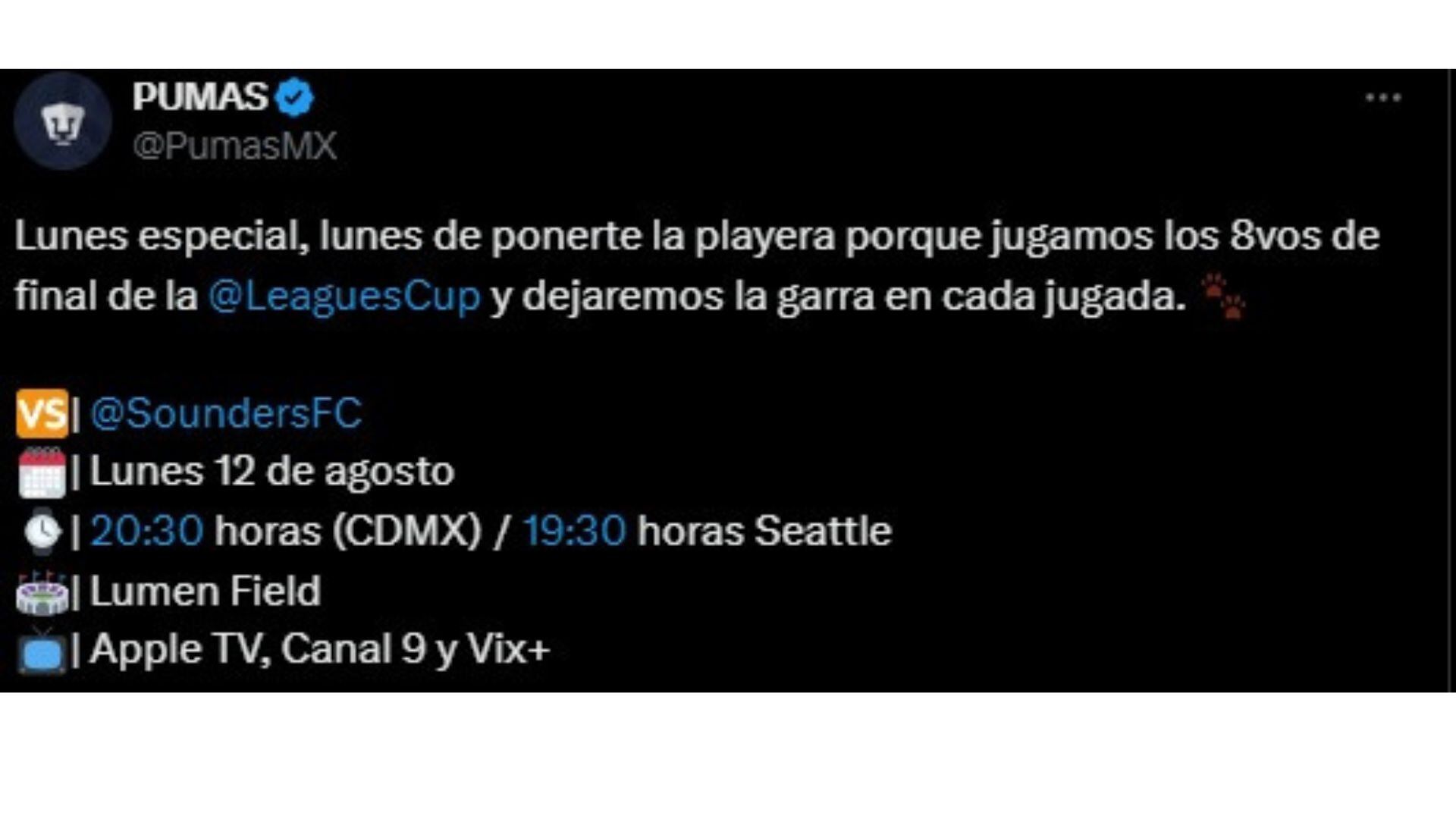 Transmisión del Seattle Sounders vs Pumas de la Leagues Cup.