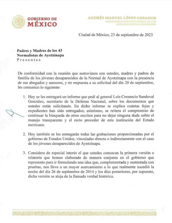 Carta de AMLO a padres de Ayotzinapa