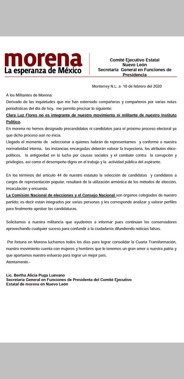 Morena se deslindó en Nuevo León de la posible candidatura el año que viene al gobierno de Nuevo León de la alcaldesa de Escobedo.