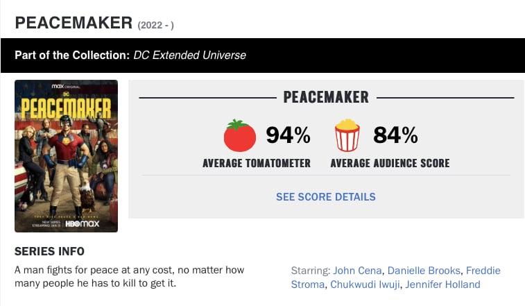‘Peacemaker’ es el proyecto de DCEU mejor calificado en Rotten Tomatoes