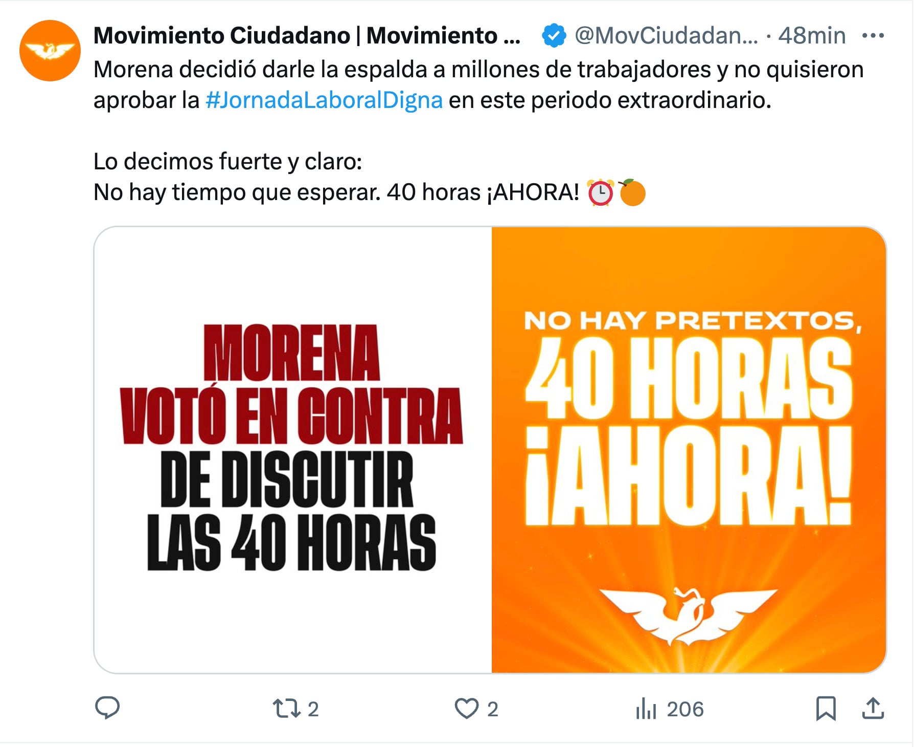 Movimiento Ciudadano impulsa discusión de la jornada laboral de 40 horas