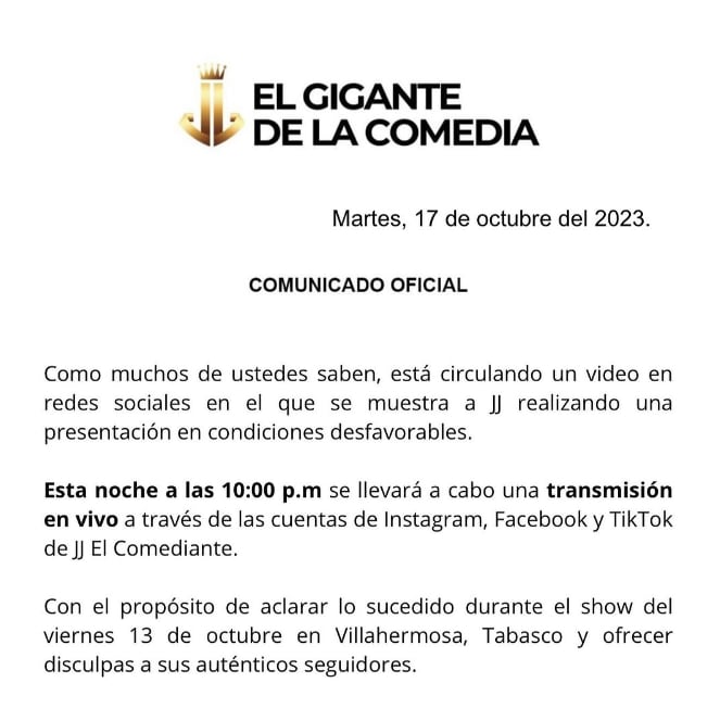 El JJ dará una explicación de los sucedido en su show de Tabasco