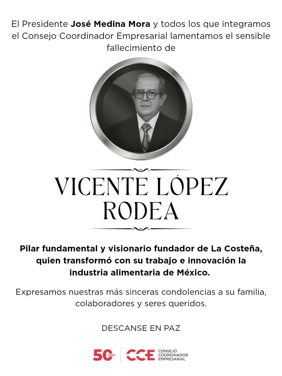 CCE lamenta la muerte de Vicente López Rodea, presidente del Consejo de Grupo La Costeña