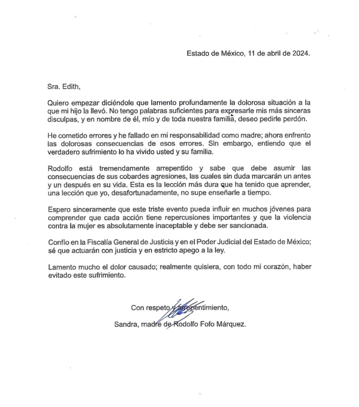Carta de Sandra, la mamá de Fofo Márquez, dirigida a su víctima.