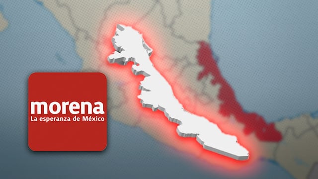 Estado de Veracruz resaltado en color rojo y blanco, logotipo del partido Morena a la izquierda
