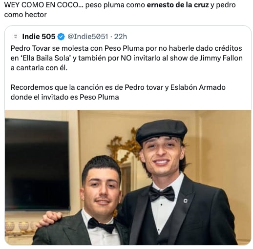 Memes comparan a Peso Pluma con Ernesto de la Cruz de Coco por no reconocer a Pedro Tovar