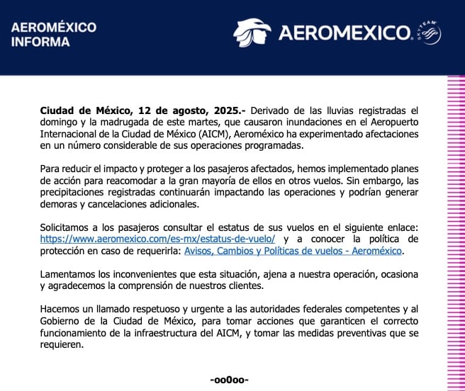 Vuelos cancelados en el AICM por lluvias