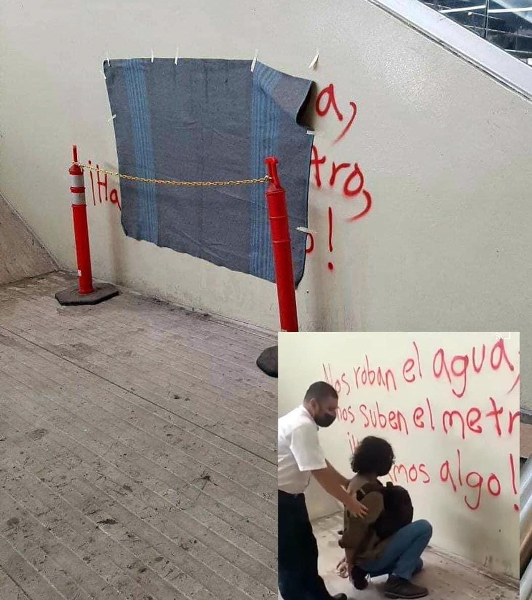 Graffiti tapado con cobija en metro de Monterrey