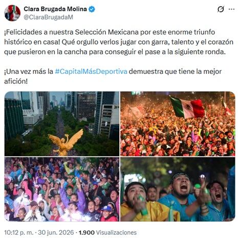 “Qué orgullo verlos jugar con garra”: el mensaje de Clara Brugada tras el triunfo de México