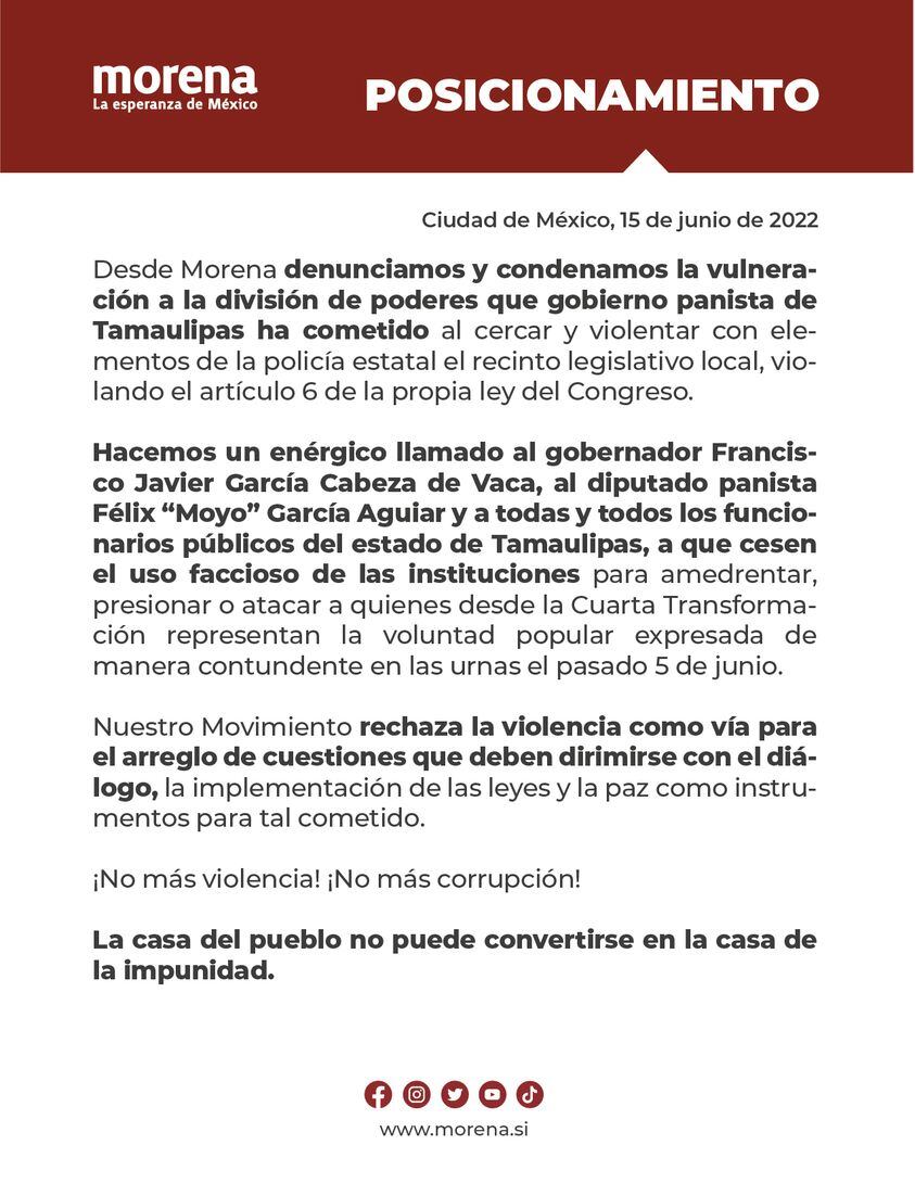 Morena denuncia a gobierno de Tamaulipas por vulneración a la división de poderes