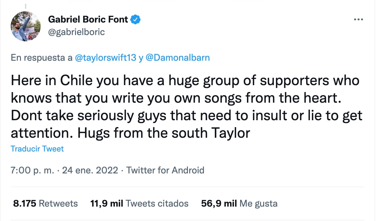 Gabriel Boric defiende a Taylor Swift
