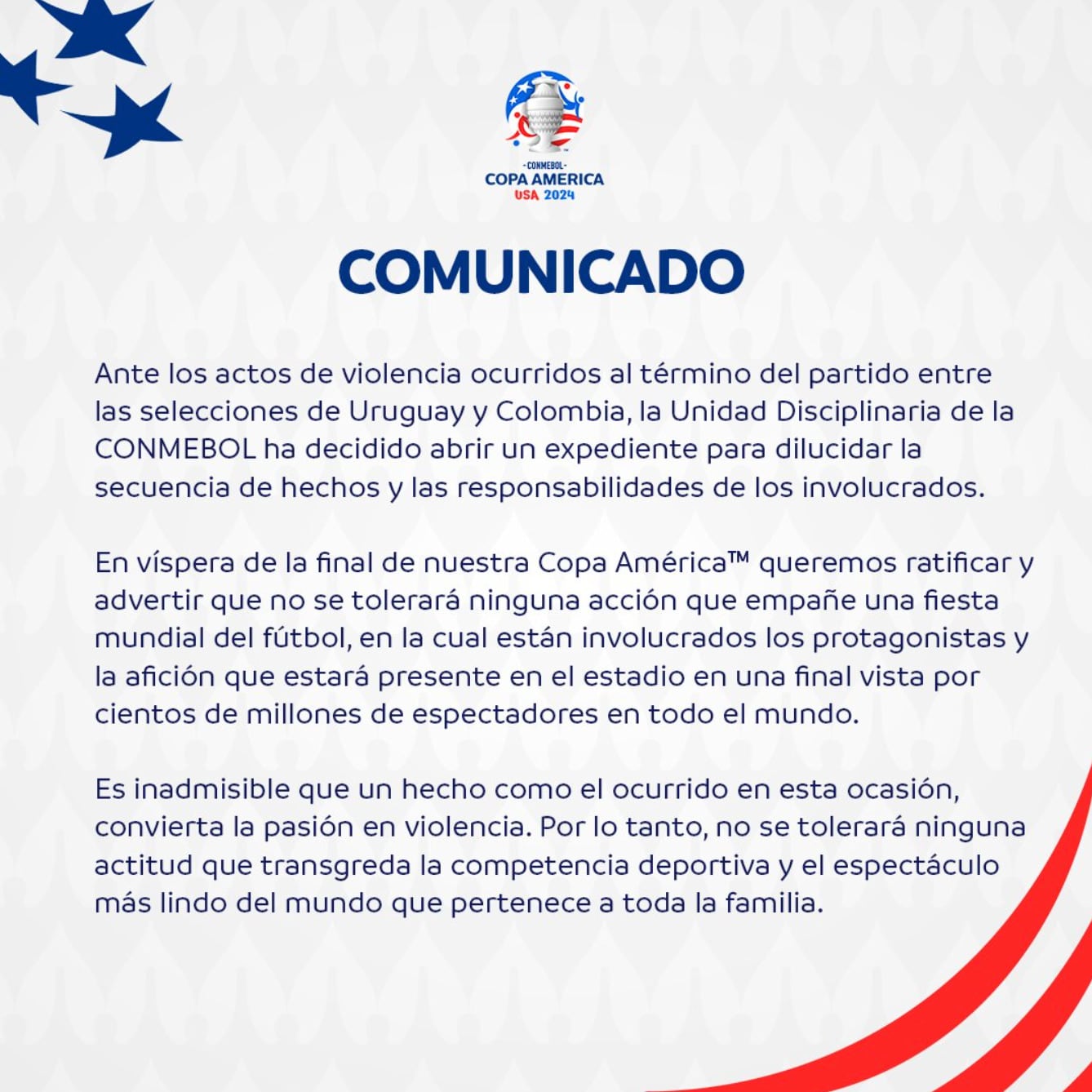 Comunicado de la CONMEBOL tras la pelea del Uruguay vs Colombia