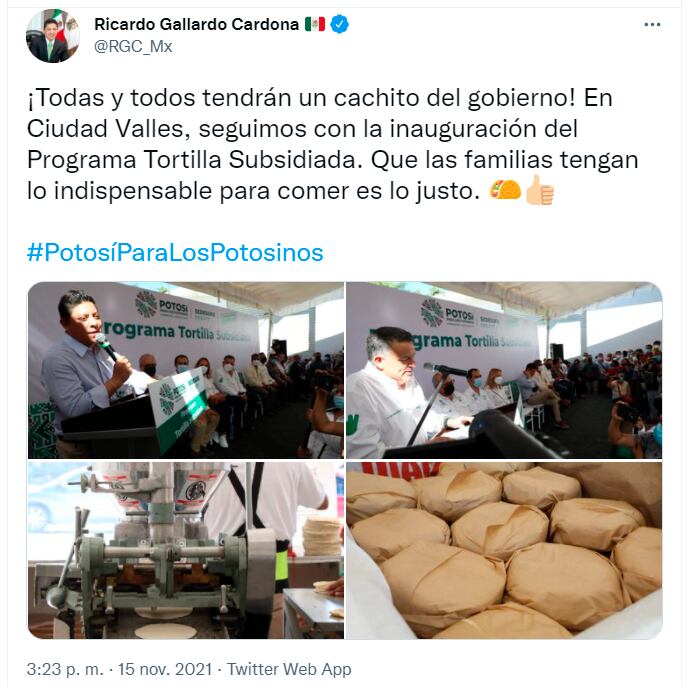 Tuit sobre el programa Tortilla Subsidiada de San Luis Potosí/ @RCG_Mx