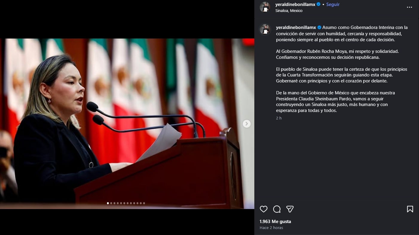 Primer mensaje de Yeraldine Bonilla como gobernadora interina de Sinaloa