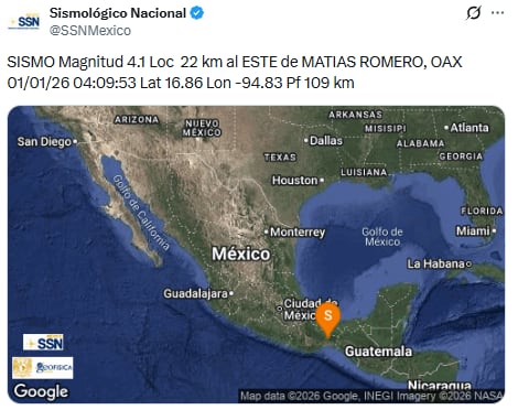 Sismo hoy 1 de enero de 2026: Temblor en Matías Romero, Oaxaca